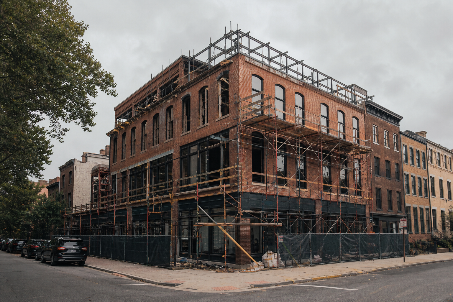 Brick mixed-use property undergoing an urban renovation